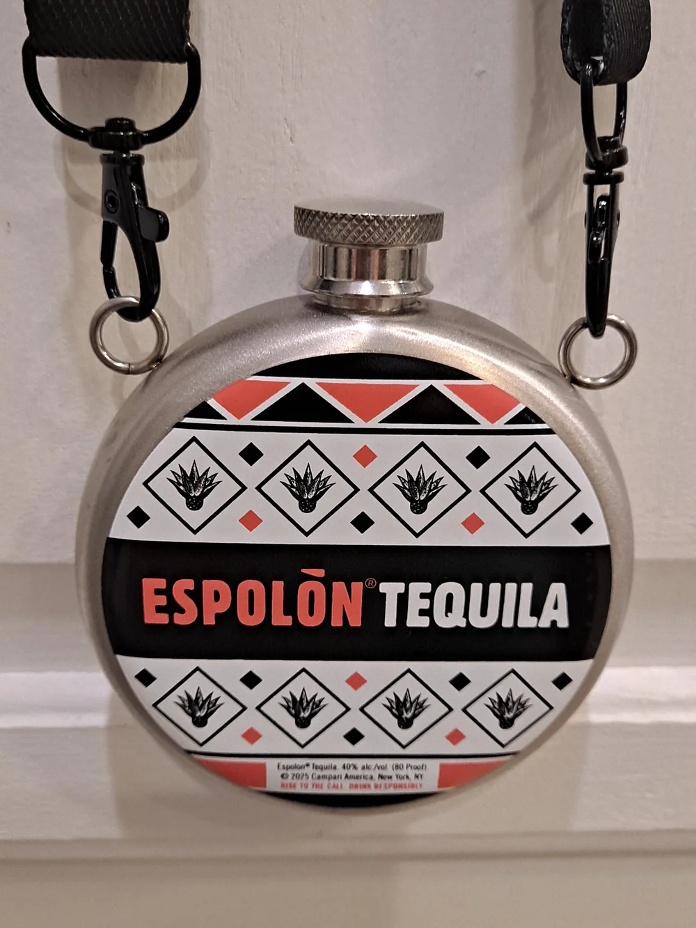 Espolon Stainless Steel Silver Hip Flask Black White & Coral Artwork Festival
